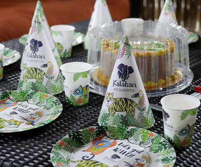 the birthday party package with cake, party hats, plates and cups, set up inside of a cabana