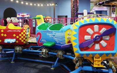 The sky ranger rollercoaster that's for kids inside of Tom Foolerys
